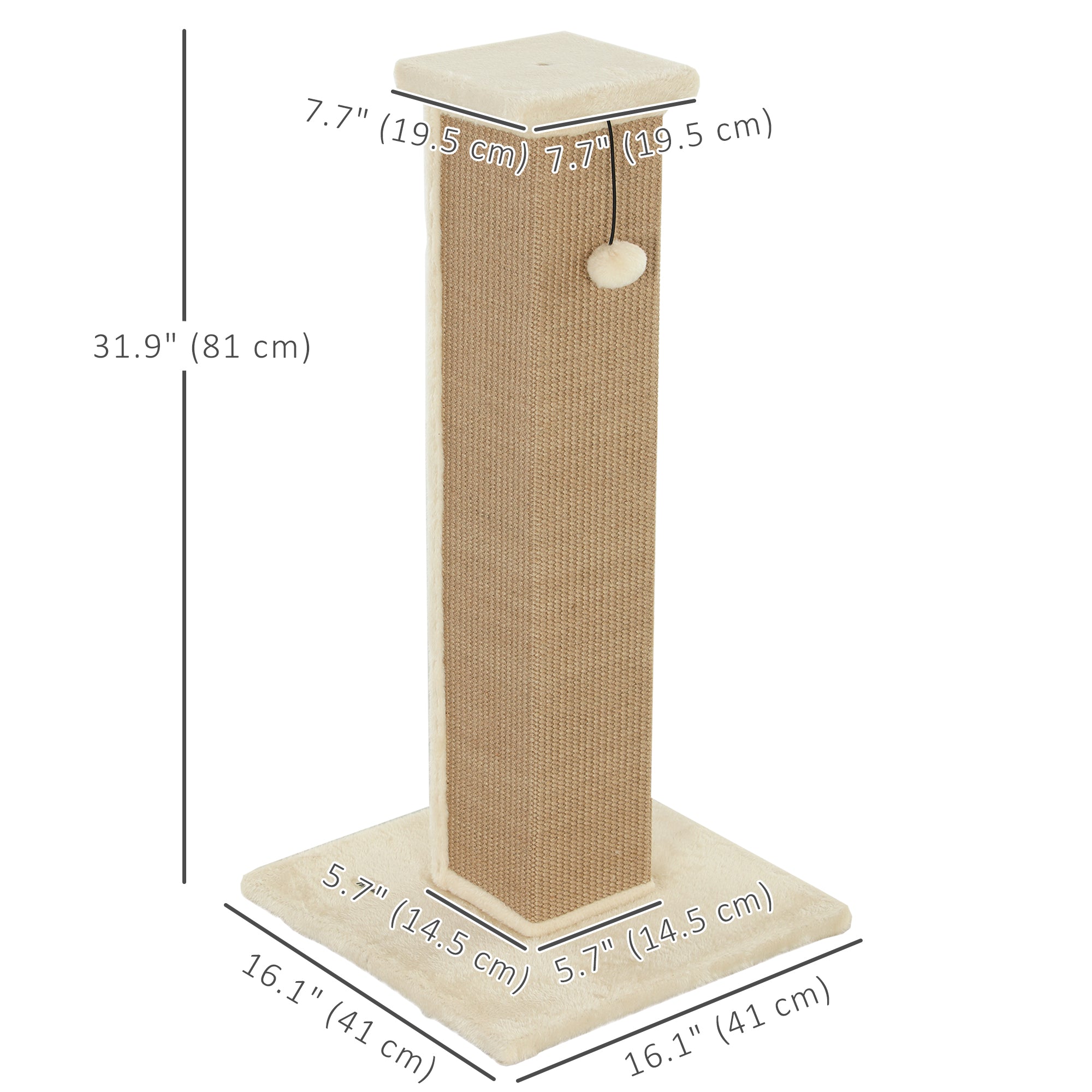 32" Tall Cat Scratching Post for Indoor Cats and Kittens, Sisal Cat Scratcher with Hanging Ball Soft Plush, Beige-Cats-DECOROLALA