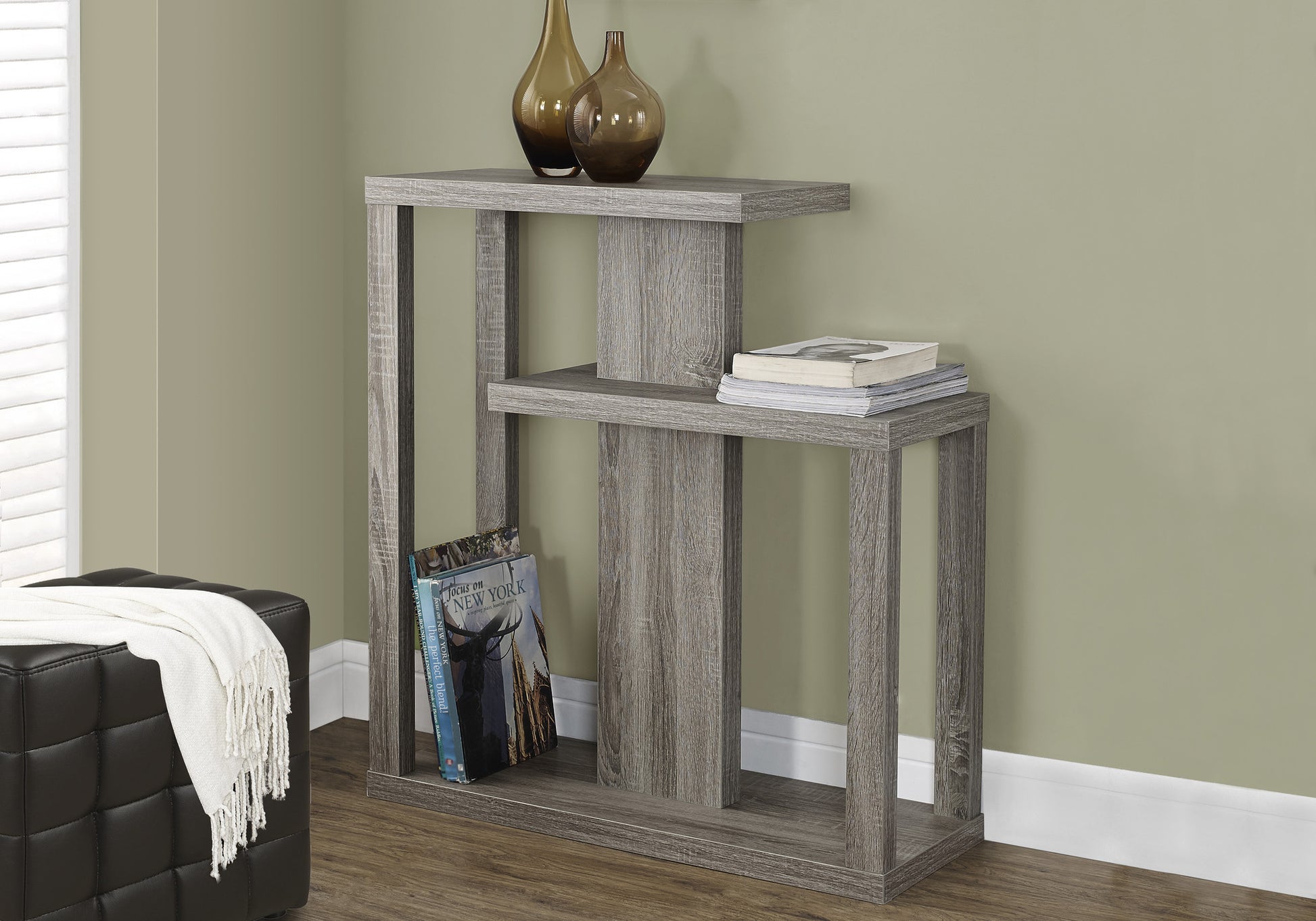32" Taupe Free form Floor Shelf Console Table With Storage-Console Tables-DECOROLALA