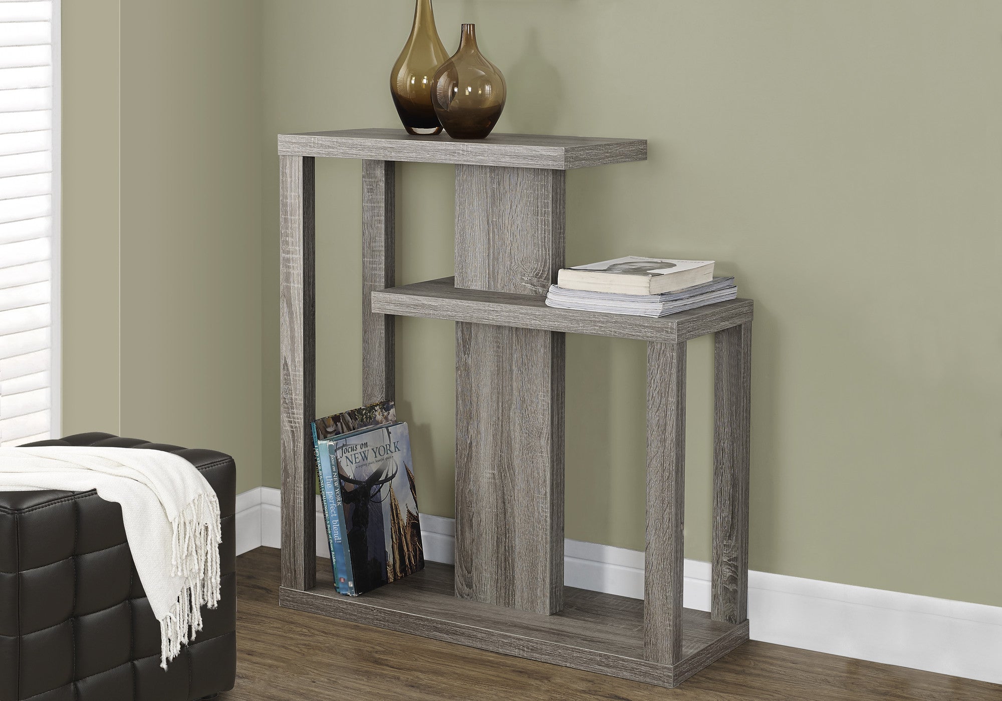32" Taupe Free form Floor Shelf Console Table With Storage-Console Tables-DECOROLALA
