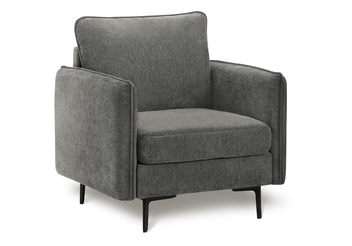 32" Upholstered Accent Chair - Dark Grey Fabric, Black Metal Legs-Accent Chairs-DECOROLALA