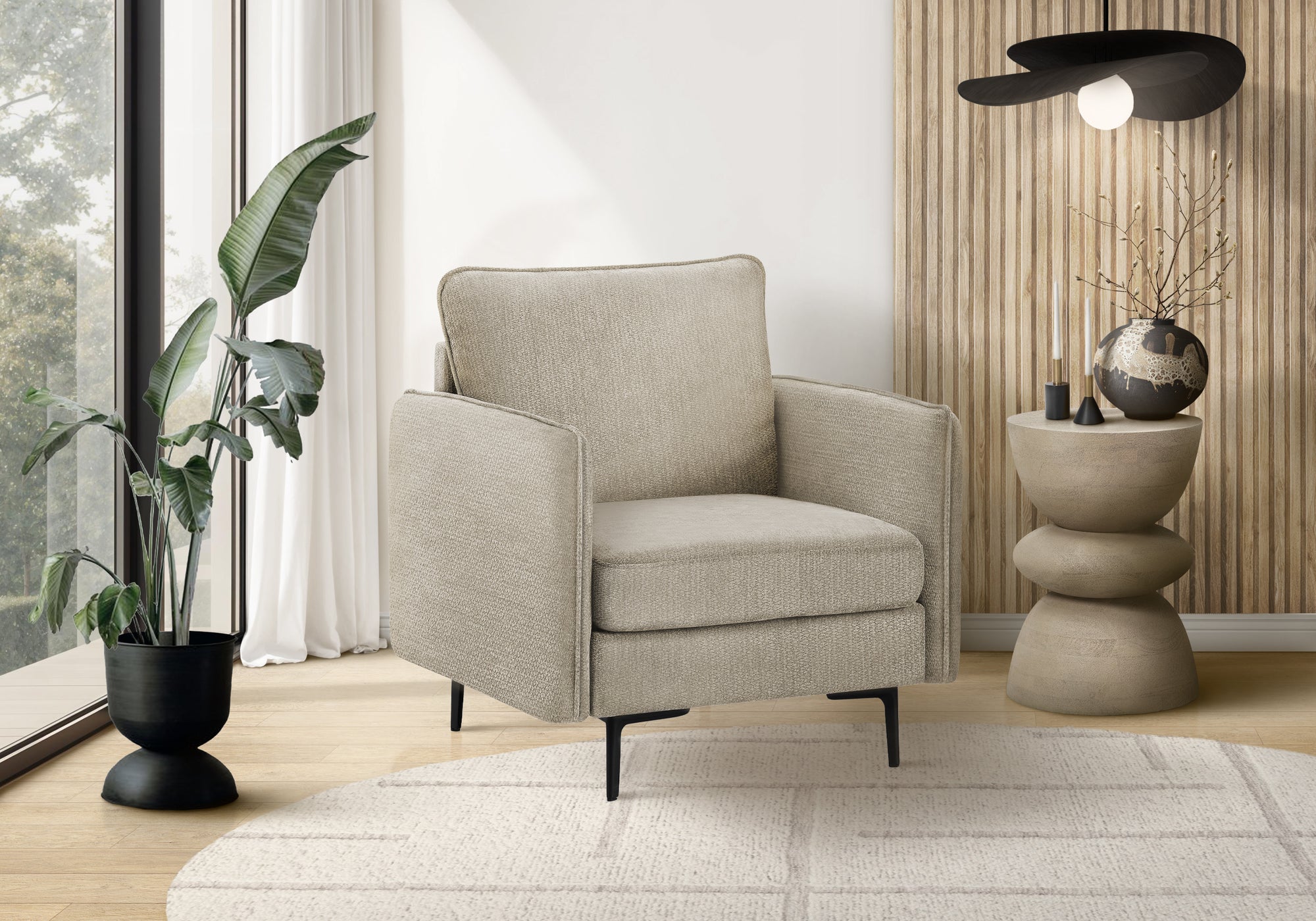 32" Wide Upholstered Accent Chair - Beige Fabric, Black Metal Legs-Accent Chairs-DECOROLALA