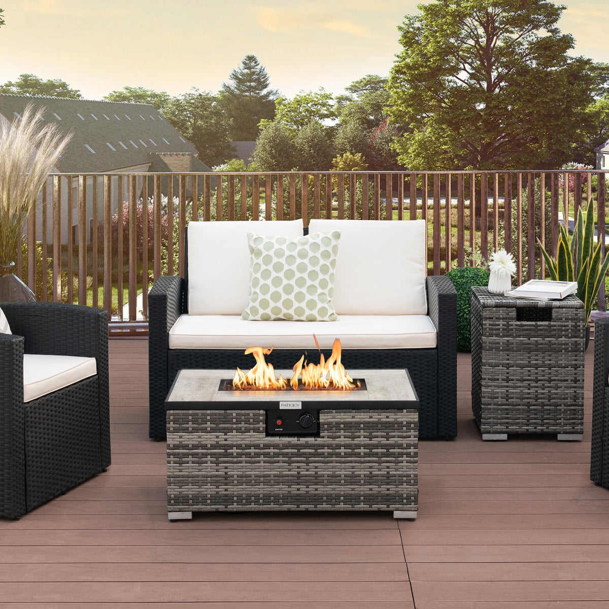 32 x 20 Inch Propane Rattan Fire Pit Table Set with Side Table Tank and Cover-Gray-Outdoor Heaters-DECOROLALA