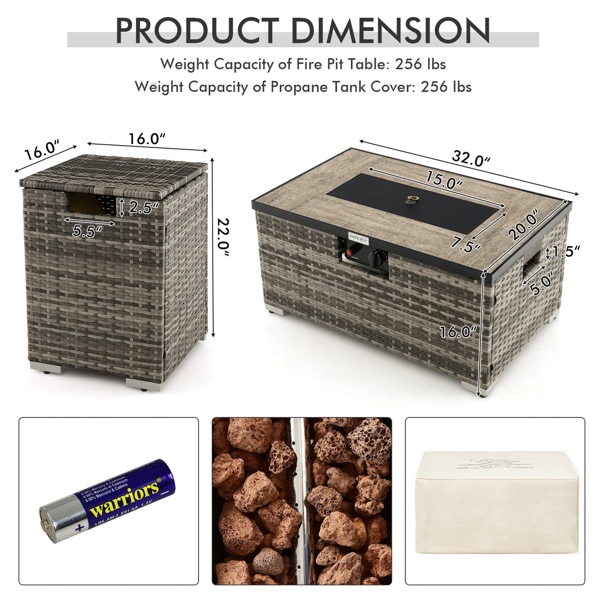 32 x 20 Inch Propane Rattan Fire Pit Table Set with Side Table Tank and Cover-Gray-Outdoor Heaters-DECOROLALA