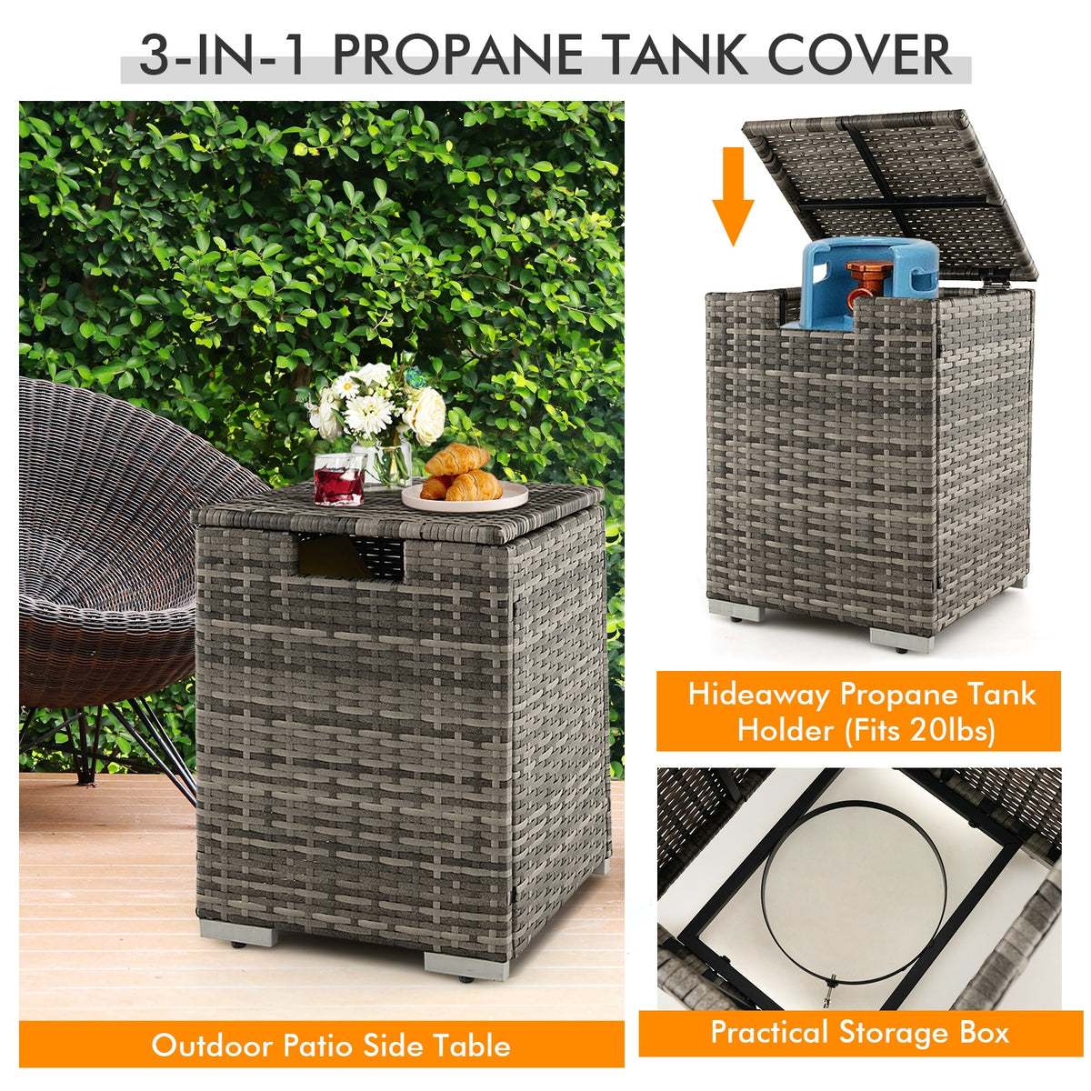 32 x 20 Inch Propane Rattan Fire Pit Table Set with Side Table Tank and Cover-Gray-Outdoor Heaters-DECOROLALA