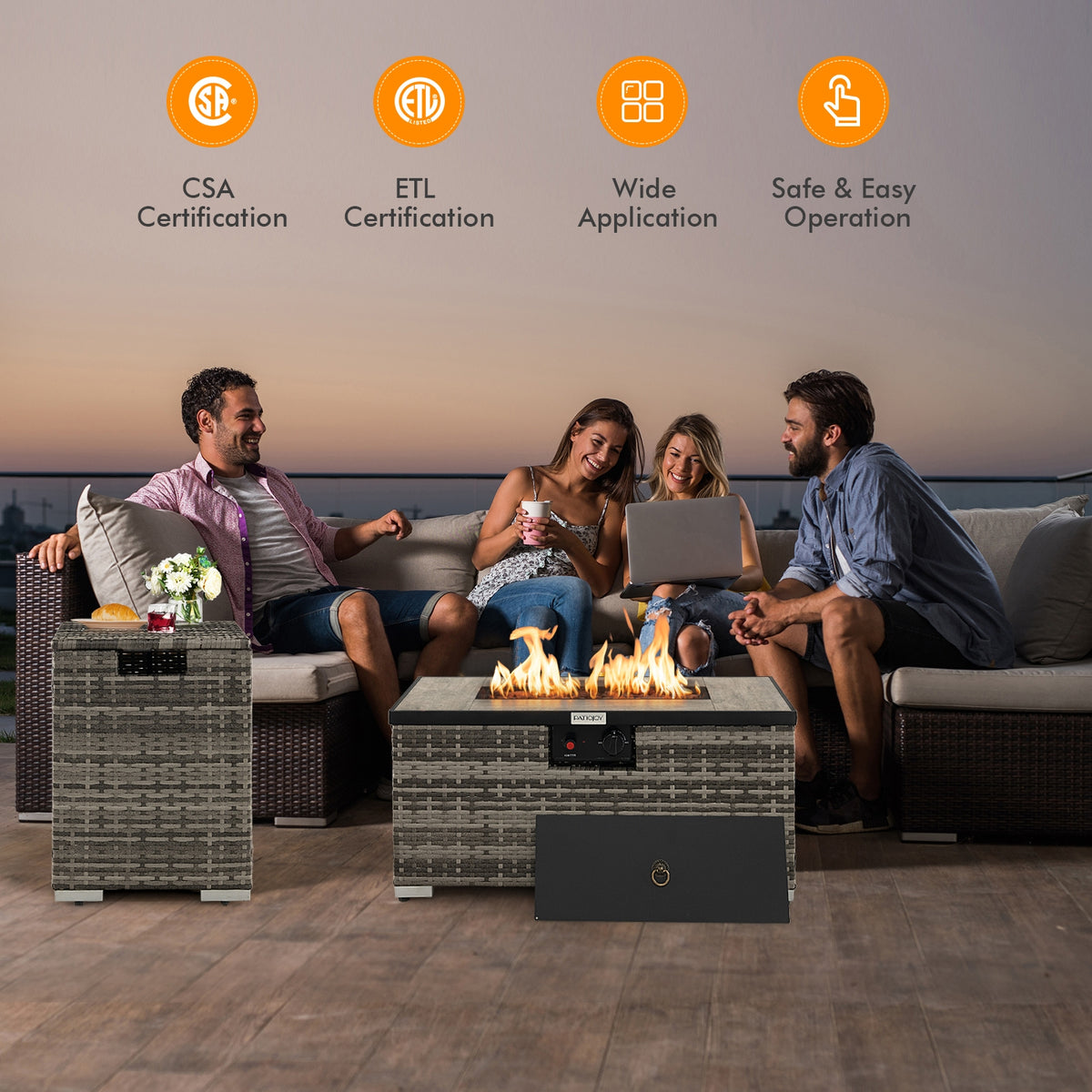 32 x 20 Inch Propane Rattan Fire Pit Table Set with Side Table Tank and Cover-Gray-Outdoor Heaters-DECOROLALA