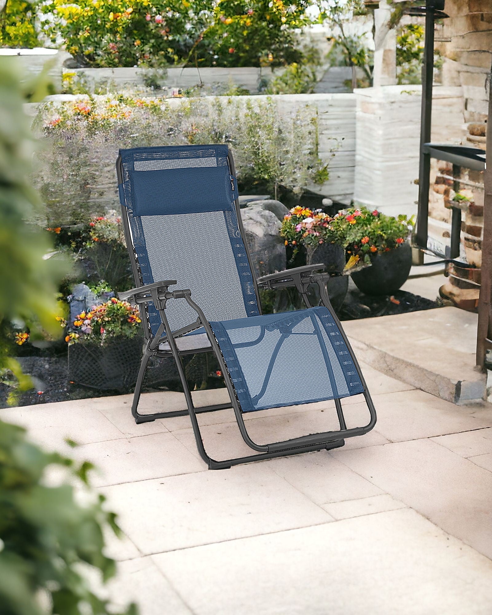 28" Blue Metal Outdoor Zero Gravity Chair with Blue Cushion-Outdoor Chairs-DECOROLALA