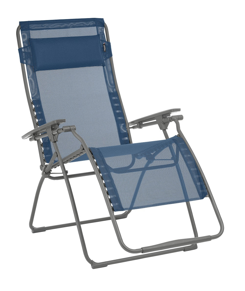 30" Blue and Gray Steel Outdoor Zero Gravity Chair with Blue Cushion-Outdoor Chairs-DECOROLALA