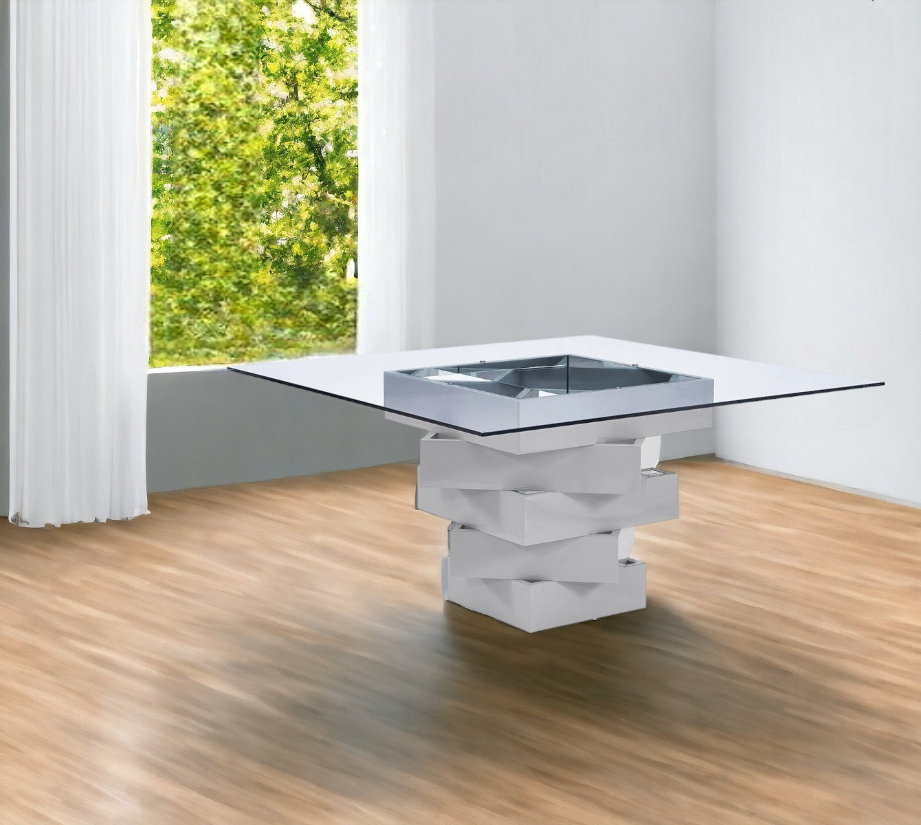 59" Clear And Gray Square Glass And Solid Wood Pedestal Base Dining Table-Dining Tables-DECOROLALA