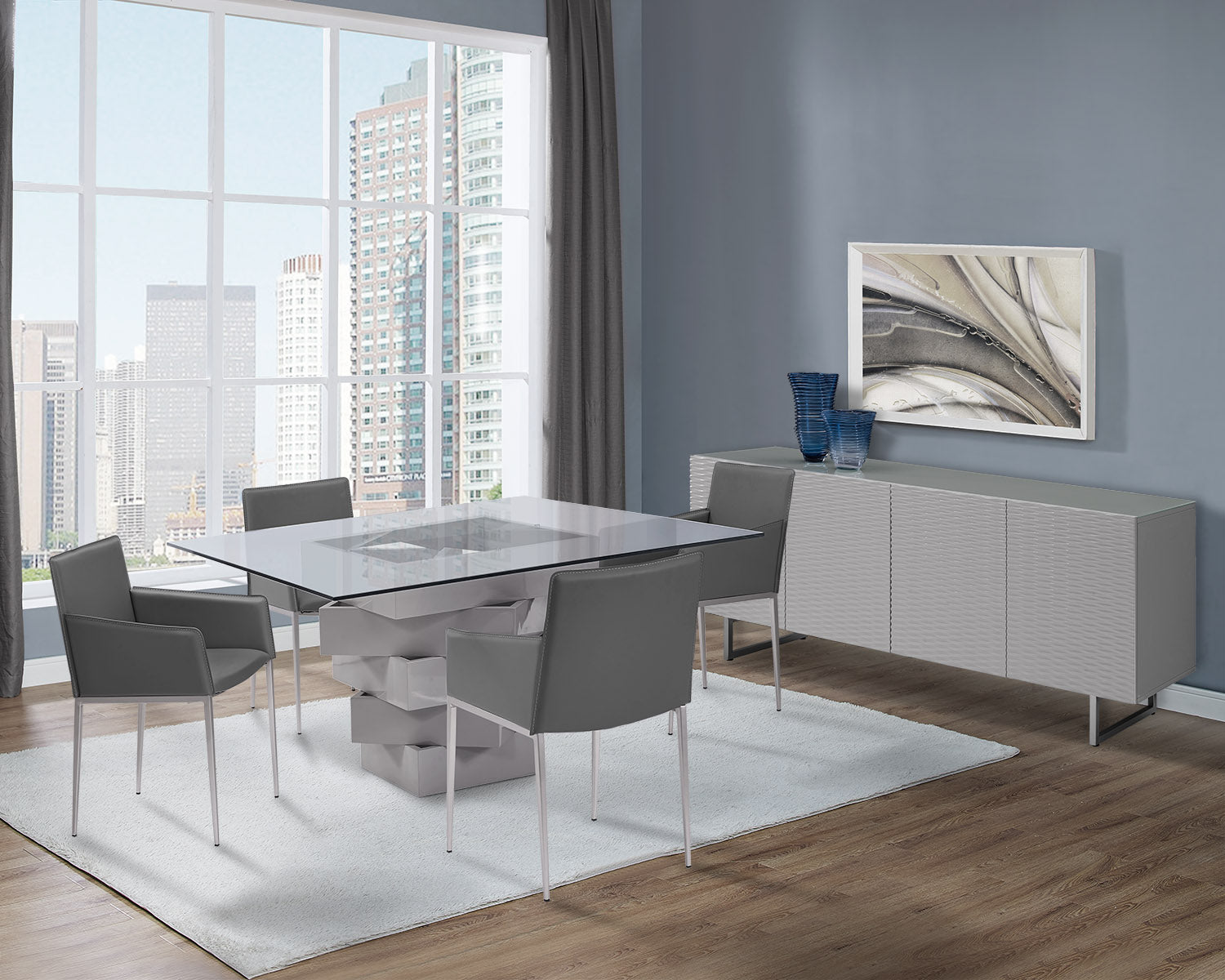 59" Clear And Gray Square Glass And Solid Wood Pedestal Base Dining Table-Dining Tables-DECOROLALA