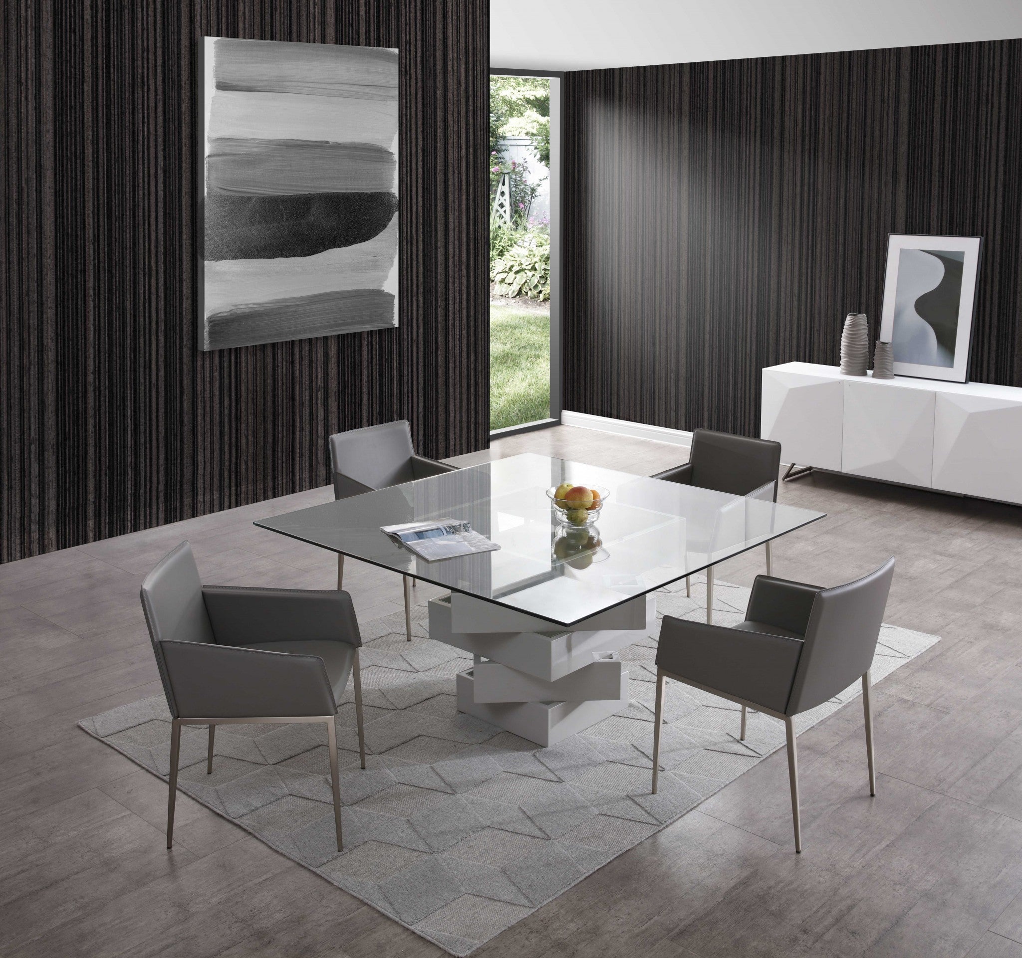 59" Clear And Gray Square Glass And Solid Wood Pedestal Base Dining Table-Dining Tables-DECOROLALA