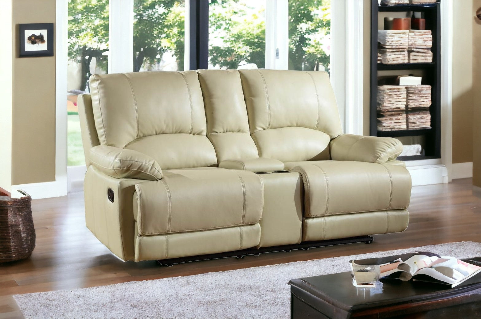 76" Beige Faux Leather Manual Reclining Love Seat With Storage-1