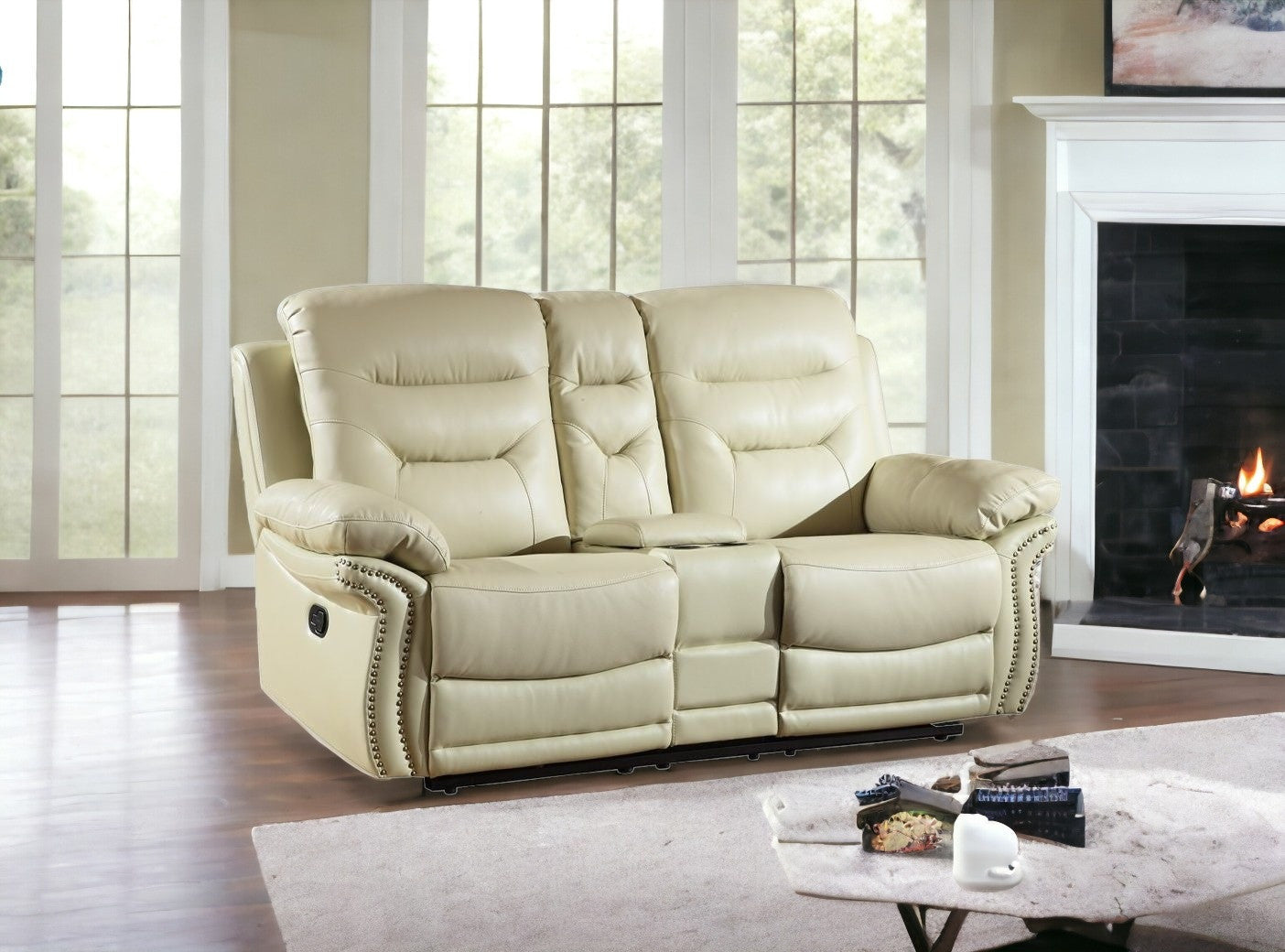 75" Beige Faux Leather Manual Reclining Love Seat With Storage-1
