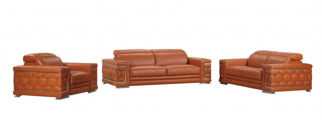 Three Piece Indoor Camel Italian Leather Six Person Seating Set-Seating Sets-DECOROLALA