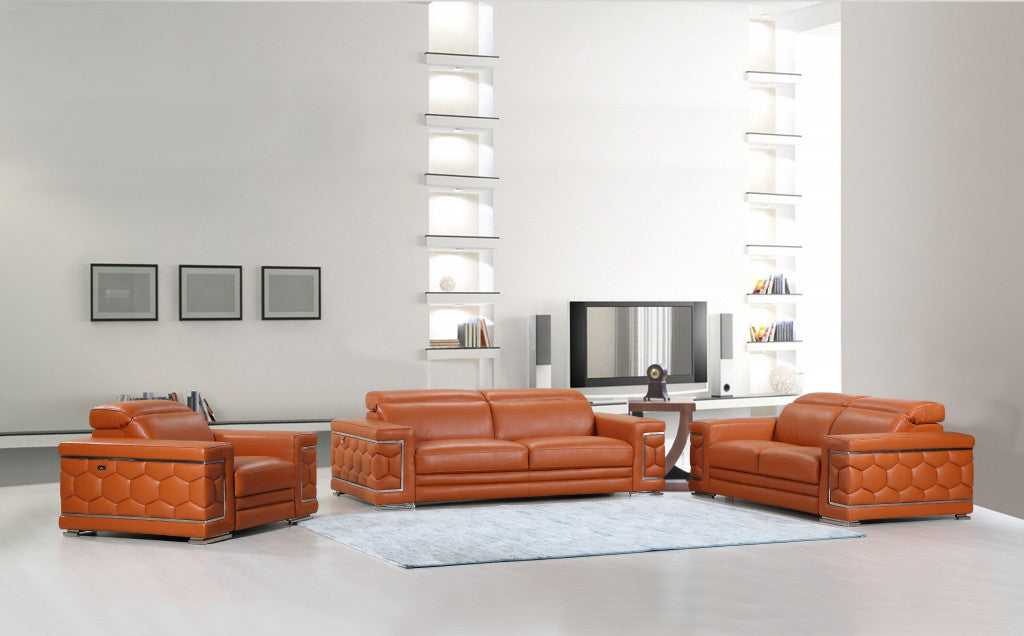 Three Piece Indoor Camel Italian Leather Six Person Seating Set-Seating Sets-DECOROLALA