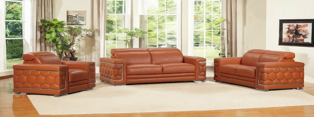 Three Piece Indoor Camel Italian Leather Six Person Seating Set-Seating Sets-DECOROLALA