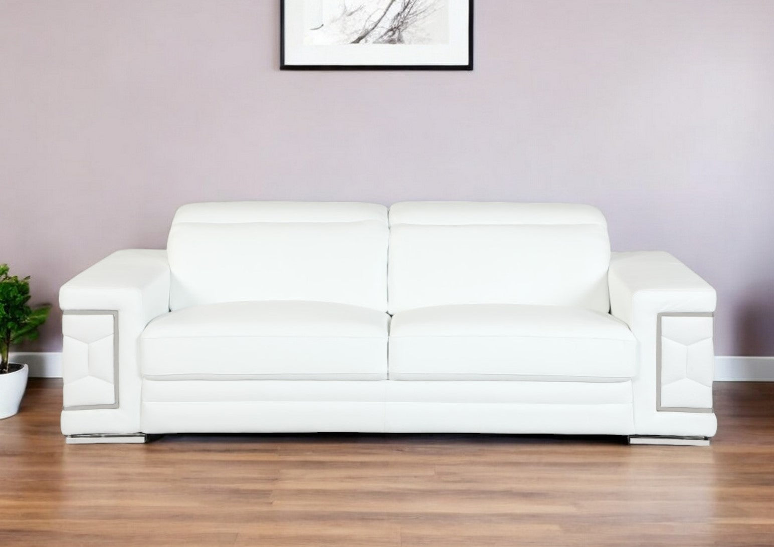 89" White Italian Leather Sofa With Silver Legs-1