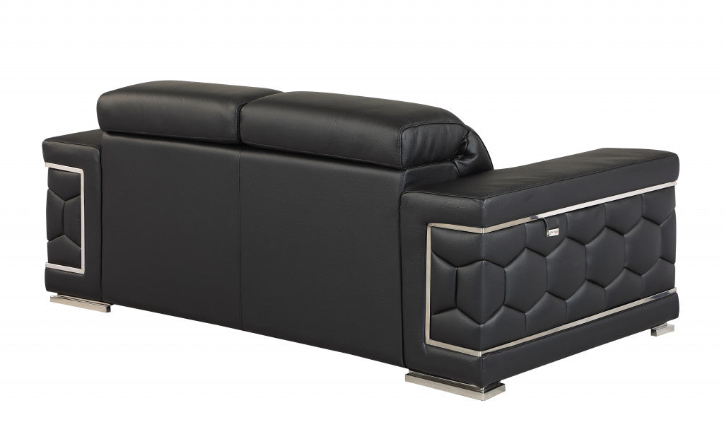 71" Black And Silver Genuine Leather Love Seat-3