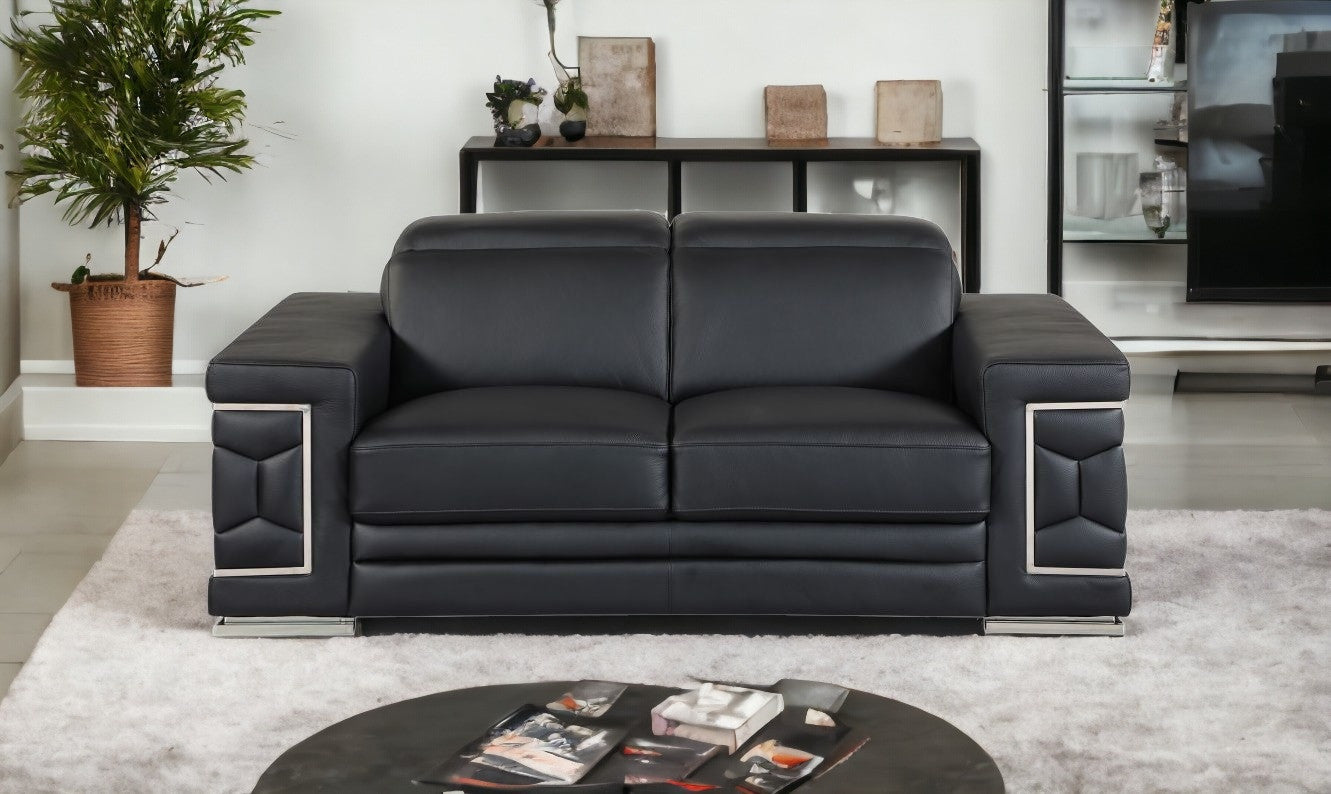 71" Black And Silver Genuine Leather Love Seat-1