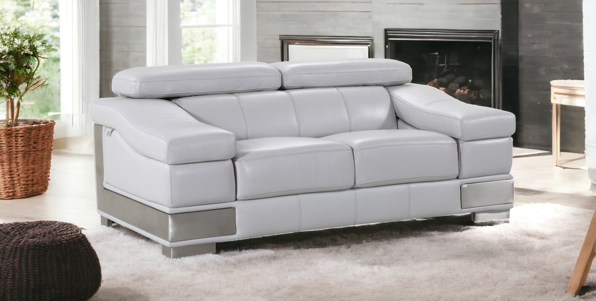 73" Light Gray And Silver Genuine Leather Love Seat-1