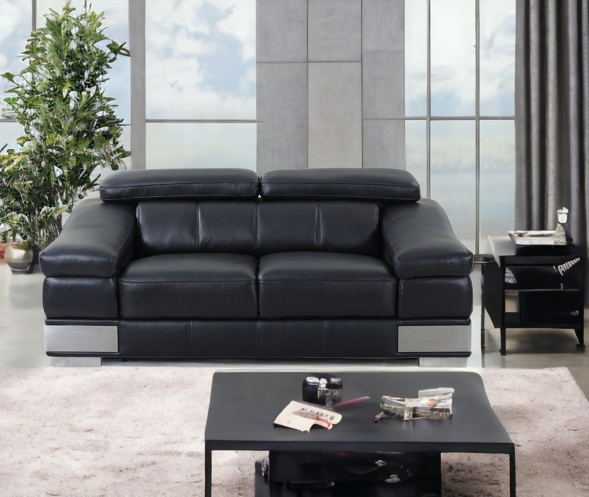 73" Black And Silver Genuine Leather Love Seat-1