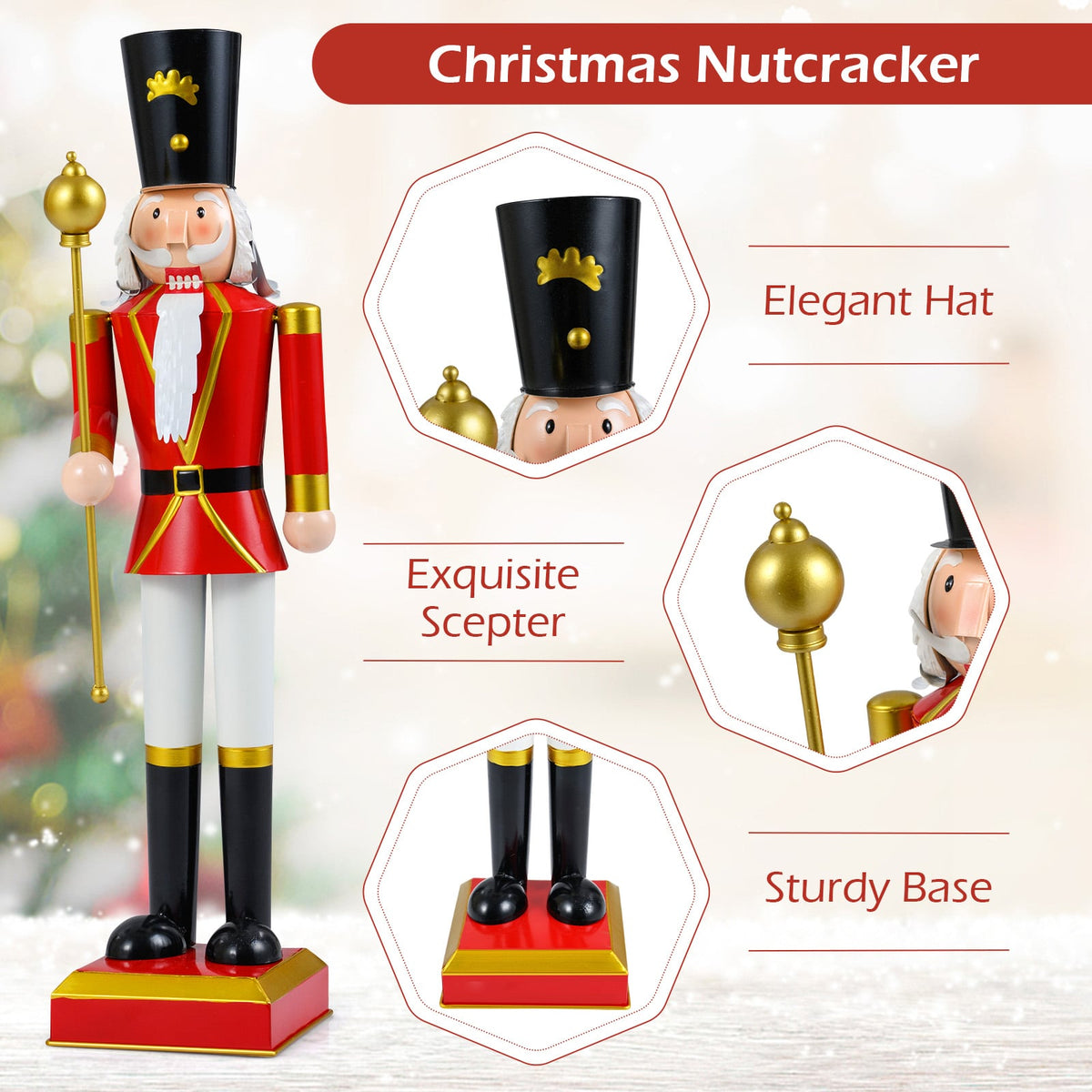 32.5 Inch Christmas Nutcracker with High Hat and Beautiful Scepter-Black & Red-Christmas Decorations & Accessories-DECOROLALA