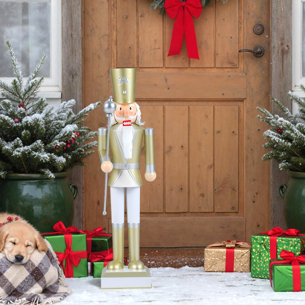 32.5 Inch Christmas Nutcracker with High Hat and Beautiful Scepter-White & Golden-Christmas Decorations & Accessories-DECOROLALA