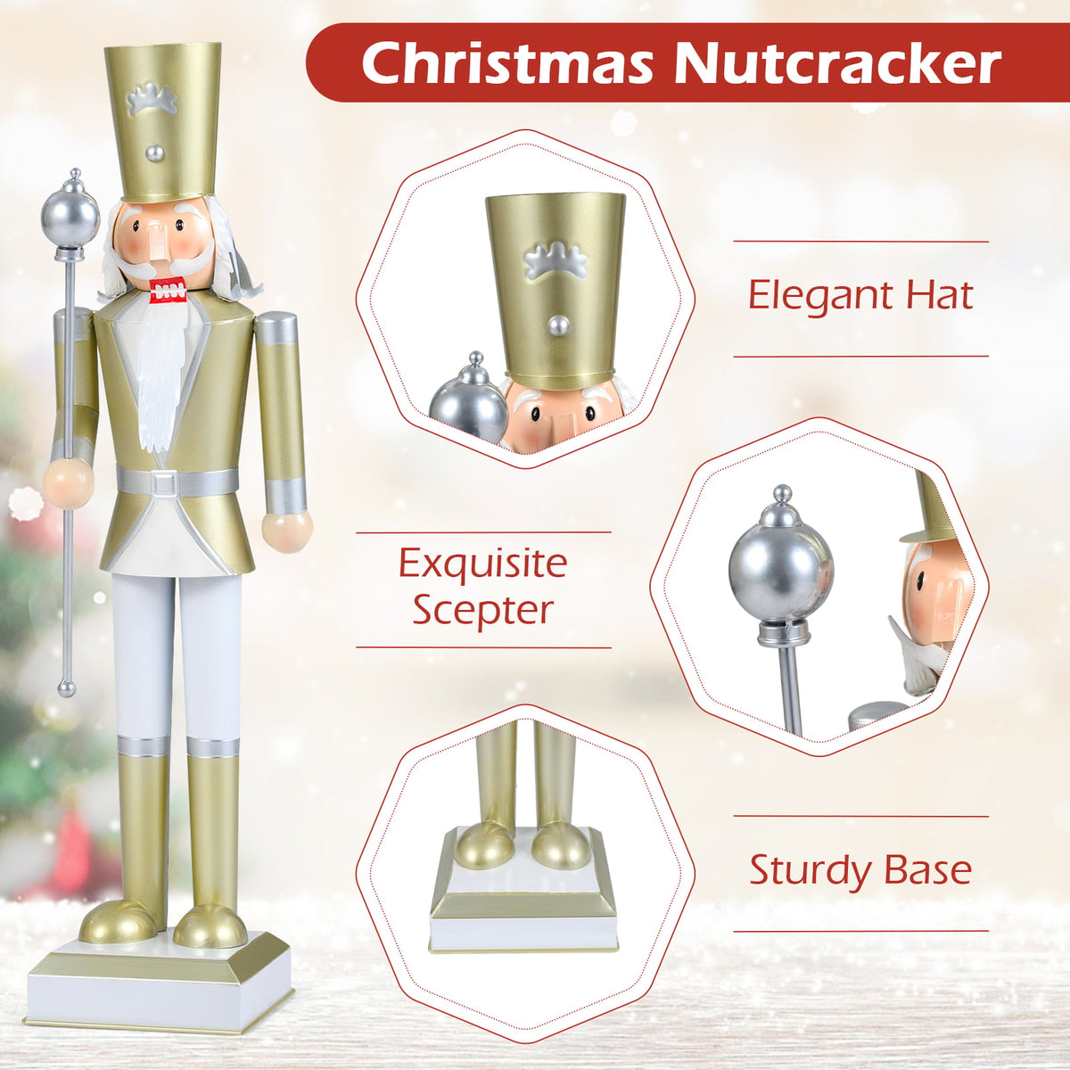32.5 Inch Christmas Nutcracker with High Hat and Beautiful Scepter-White & Golden-Christmas Decorations & Accessories-DECOROLALA