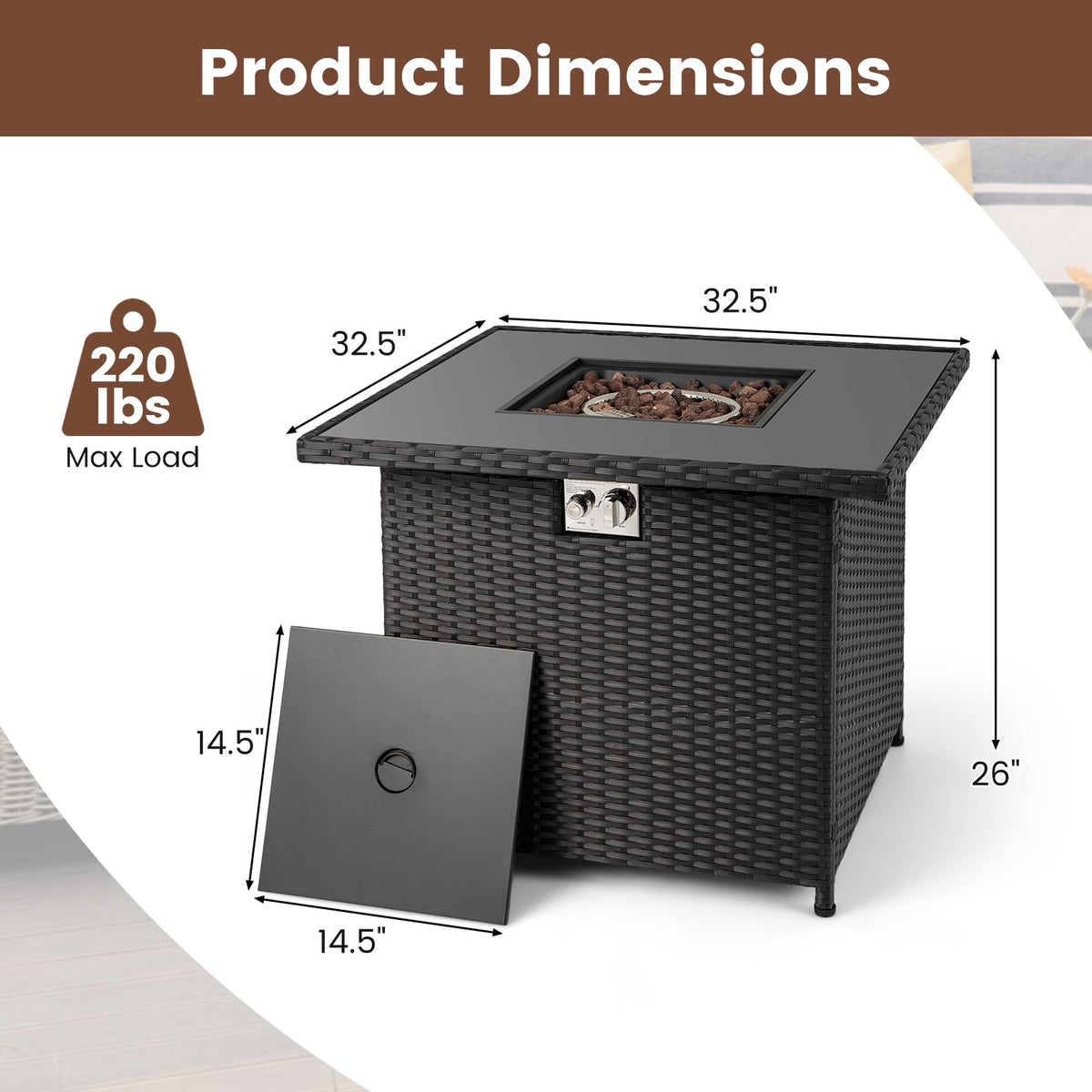 32.5 Inch Propane Fire Pit Table 5000 BTU with Tempered Glass Tabletop-Black-Fire Pit Tables-DECOROLALA