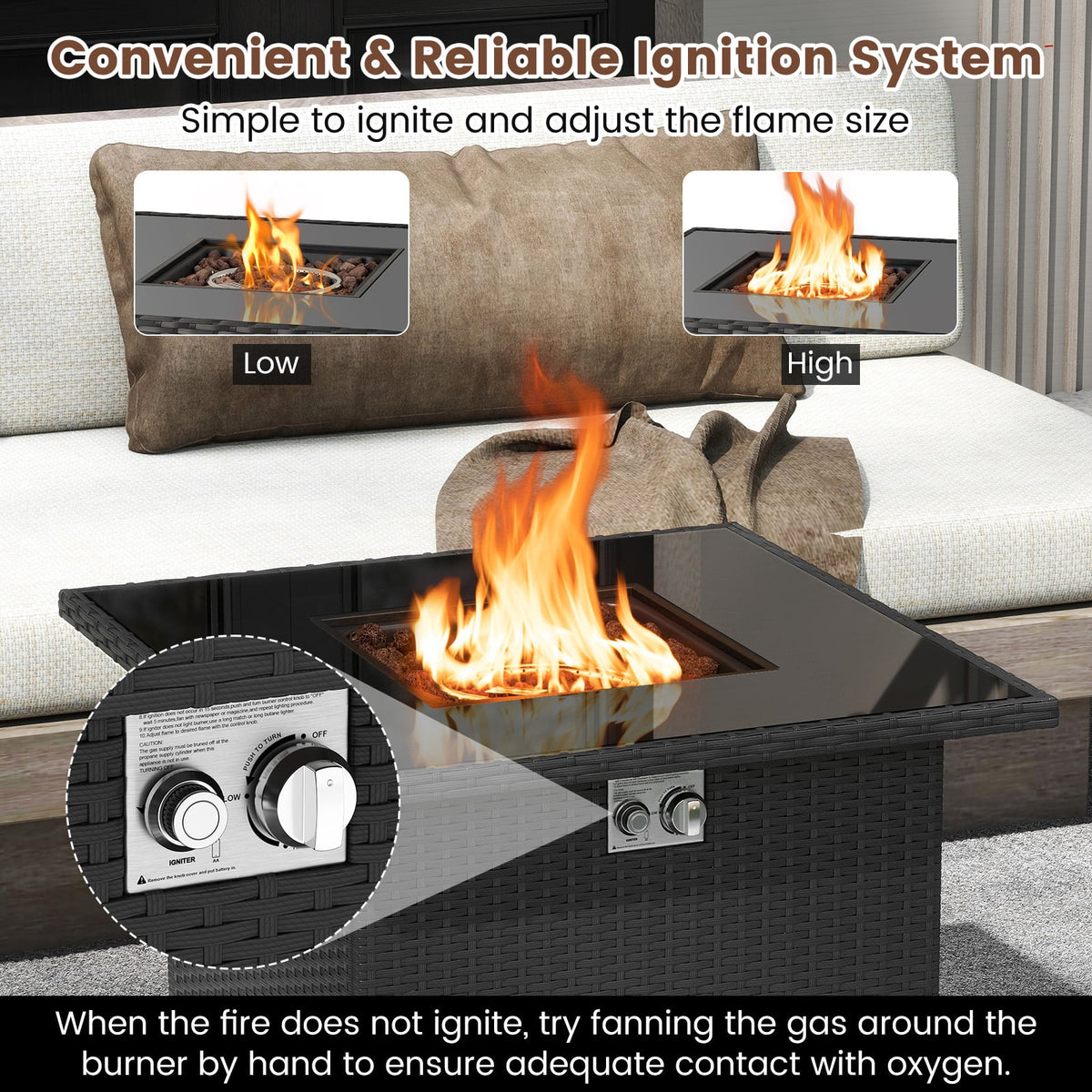 32.5 Inch Propane Fire Pit Table 5000 BTU with Tempered Glass Tabletop-Black-Fire Pit Tables-DECOROLALA
