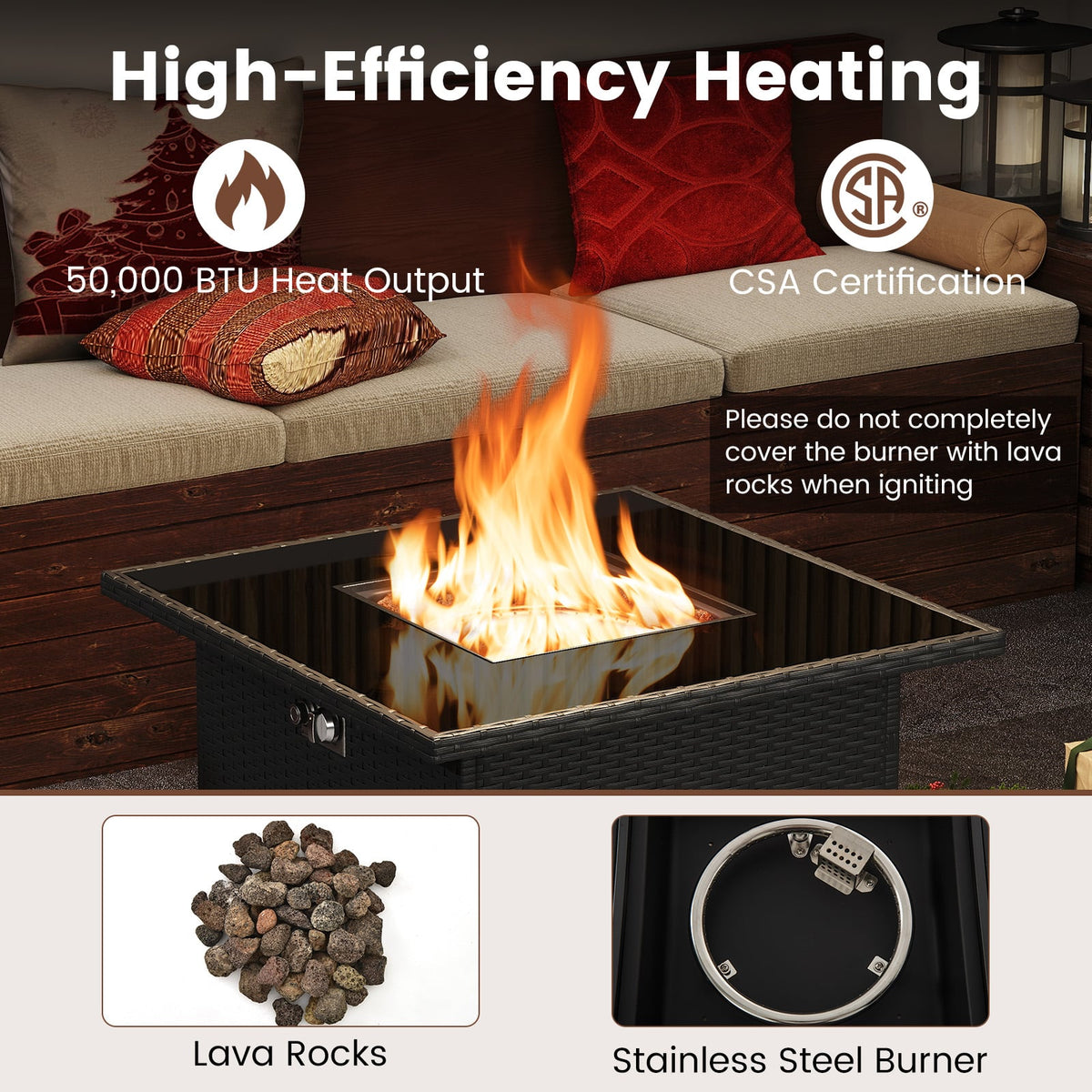 32.5 Inch Propane Fire Pit Table 5000 BTU with Tempered Glass Tabletop-Black-Fire Pit Tables-DECOROLALA
