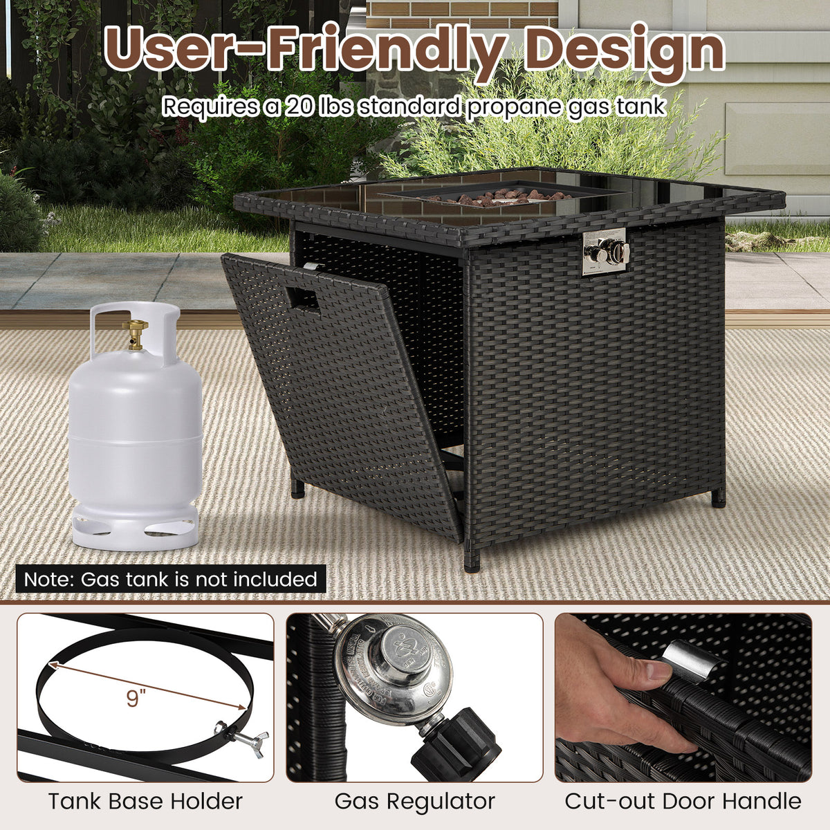 32.5 Inch Propane Fire Pit Table 5000 BTU with Tempered Glass Tabletop-Black-Fire Pit Tables-DECOROLALA