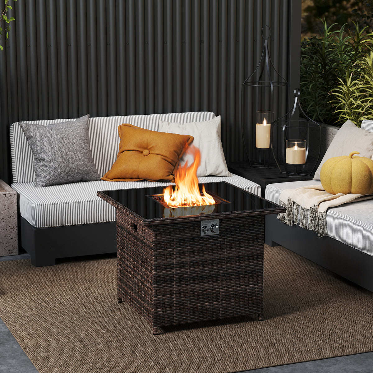 32.5 Inch Propane Fire Pit Table 5000 BTU with Tempered Glass Tabletop-Brown-Fire Pit Tables-DECOROLALA