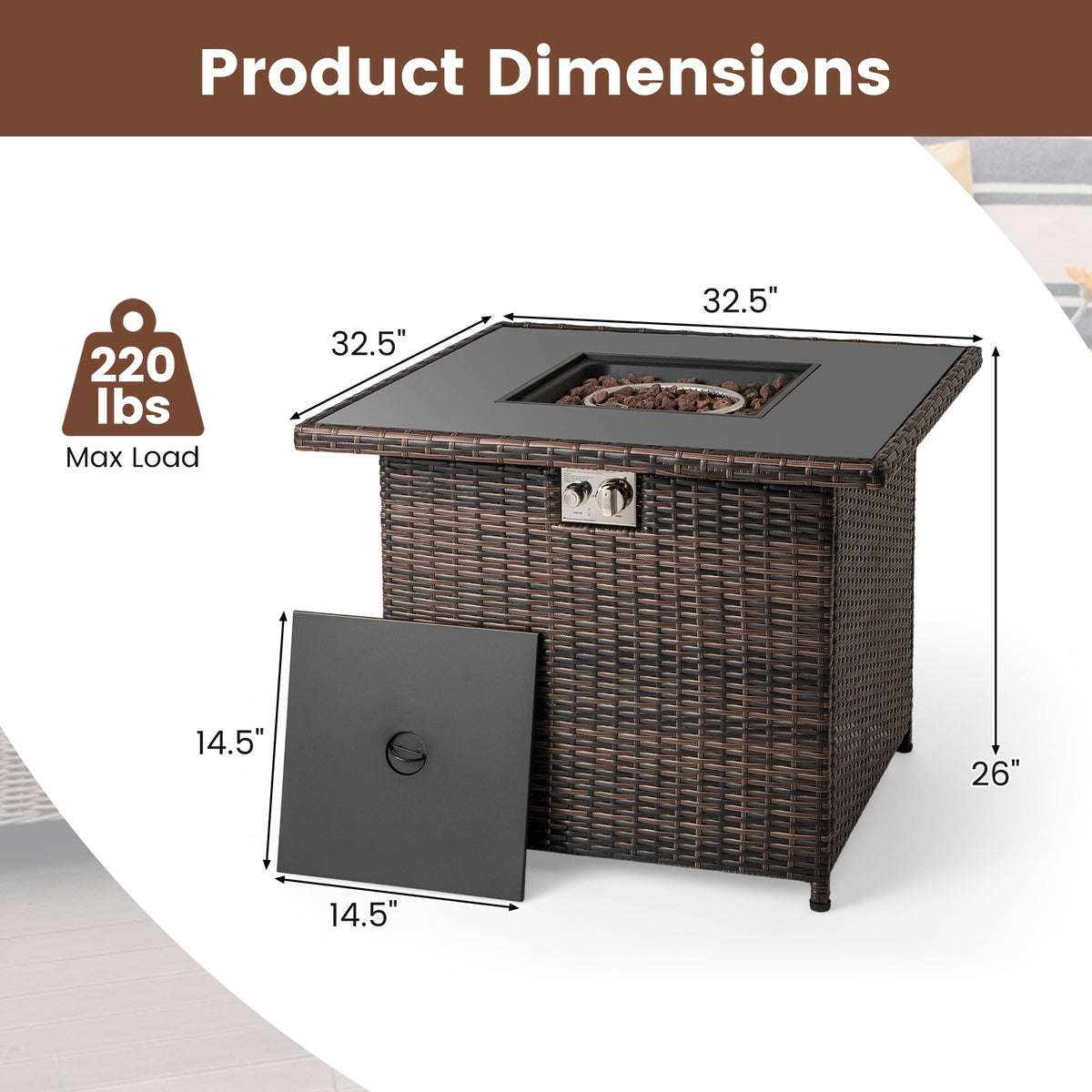 32.5 Inch Propane Fire Pit Table 5000 BTU with Tempered Glass Tabletop-Brown-Fire Pit Tables-DECOROLALA