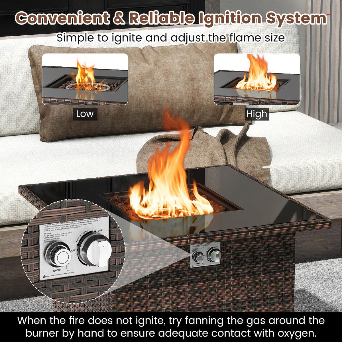 32.5 Inch Propane Fire Pit Table 5000 BTU with Tempered Glass Tabletop-Brown-Fire Pit Tables-DECOROLALA