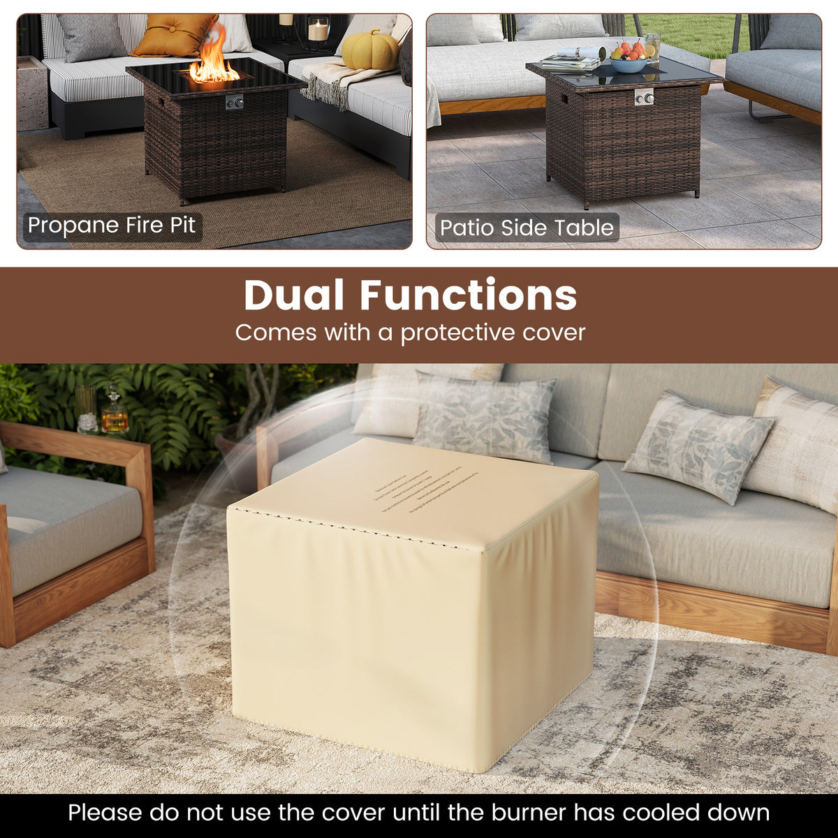 32.5 Inch Propane Fire Pit Table 5000 BTU with Tempered Glass Tabletop-Brown-Fire Pit Tables-DECOROLALA
