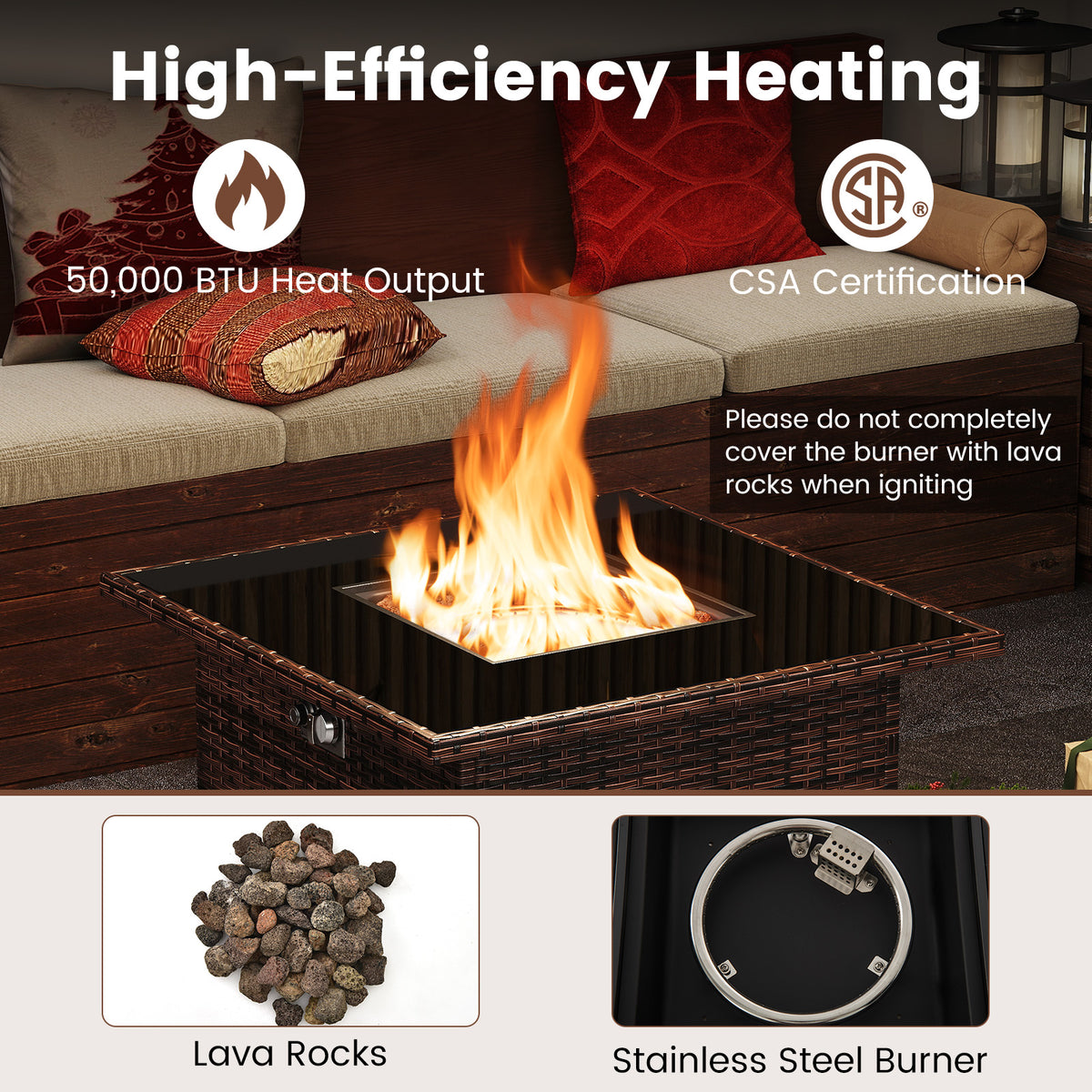 32.5 Inch Propane Fire Pit Table 5000 BTU with Tempered Glass Tabletop-Brown-Fire Pit Tables-DECOROLALA