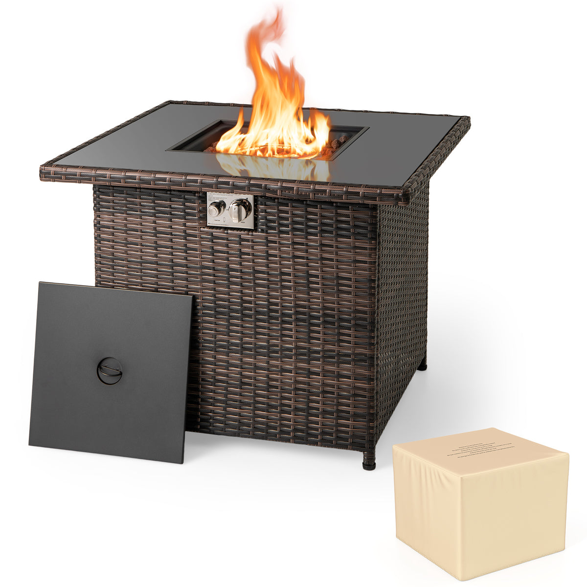 32.5 Inch Propane Fire Pit Table 5000 BTU with Tempered Glass Tabletop-Brown-Fire Pit Tables-DECOROLALA