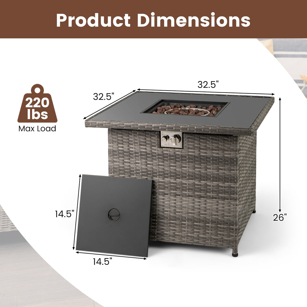 32.5 Inch Propane Fire Pit Table 5000 BTU with Tempered Glass Tabletop-Gray-Fire Pit Tables-DECOROLALA