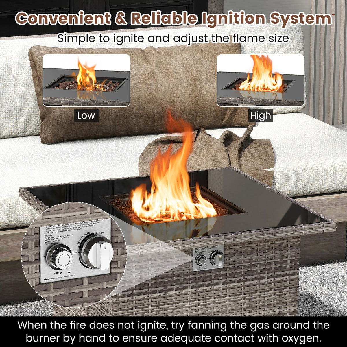 32.5 Inch Propane Fire Pit Table 5000 BTU with Tempered Glass Tabletop-Gray-Fire Pit Tables-DECOROLALA