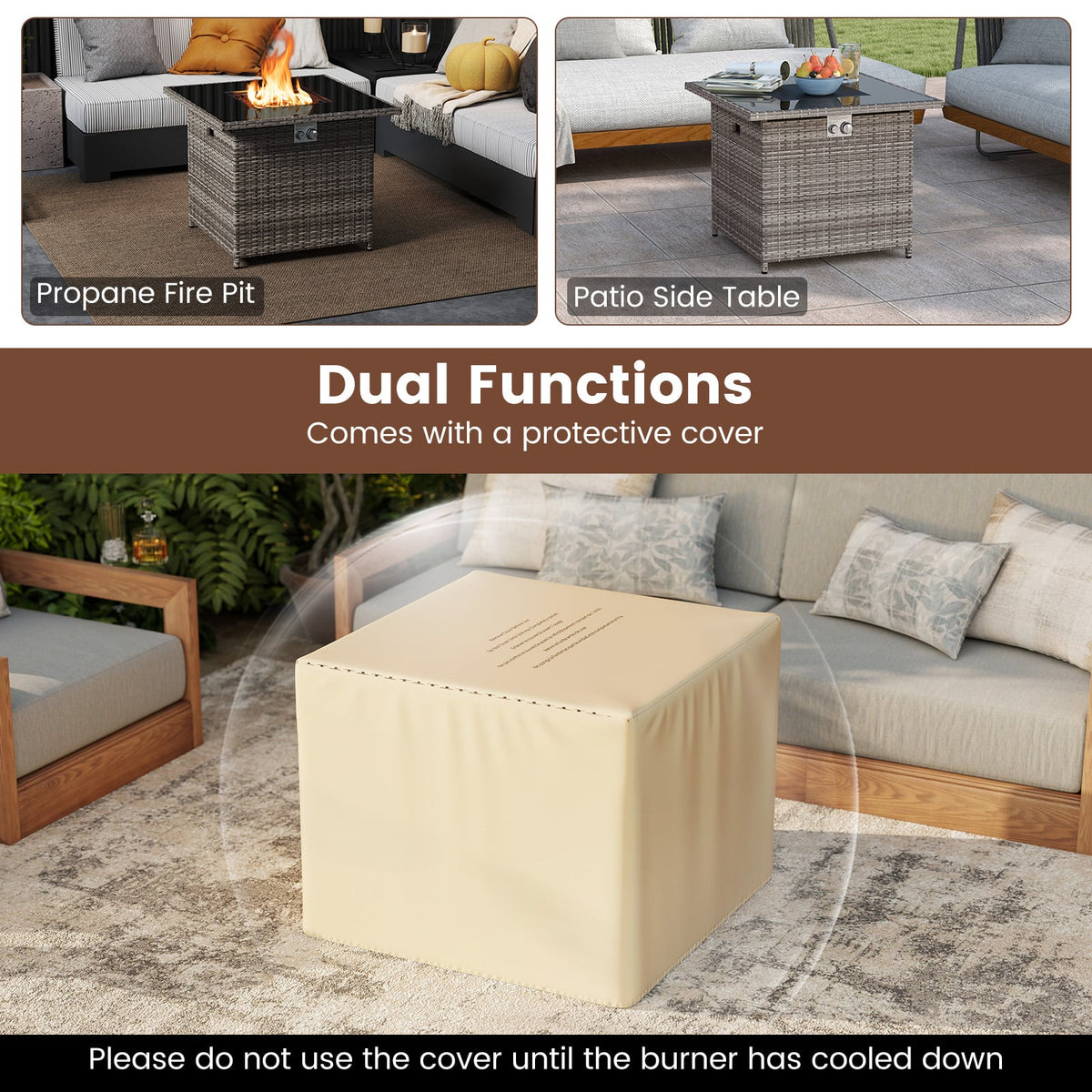 32.5 Inch Propane Fire Pit Table 5000 BTU with Tempered Glass Tabletop-Gray-Fire Pit Tables-DECOROLALA
