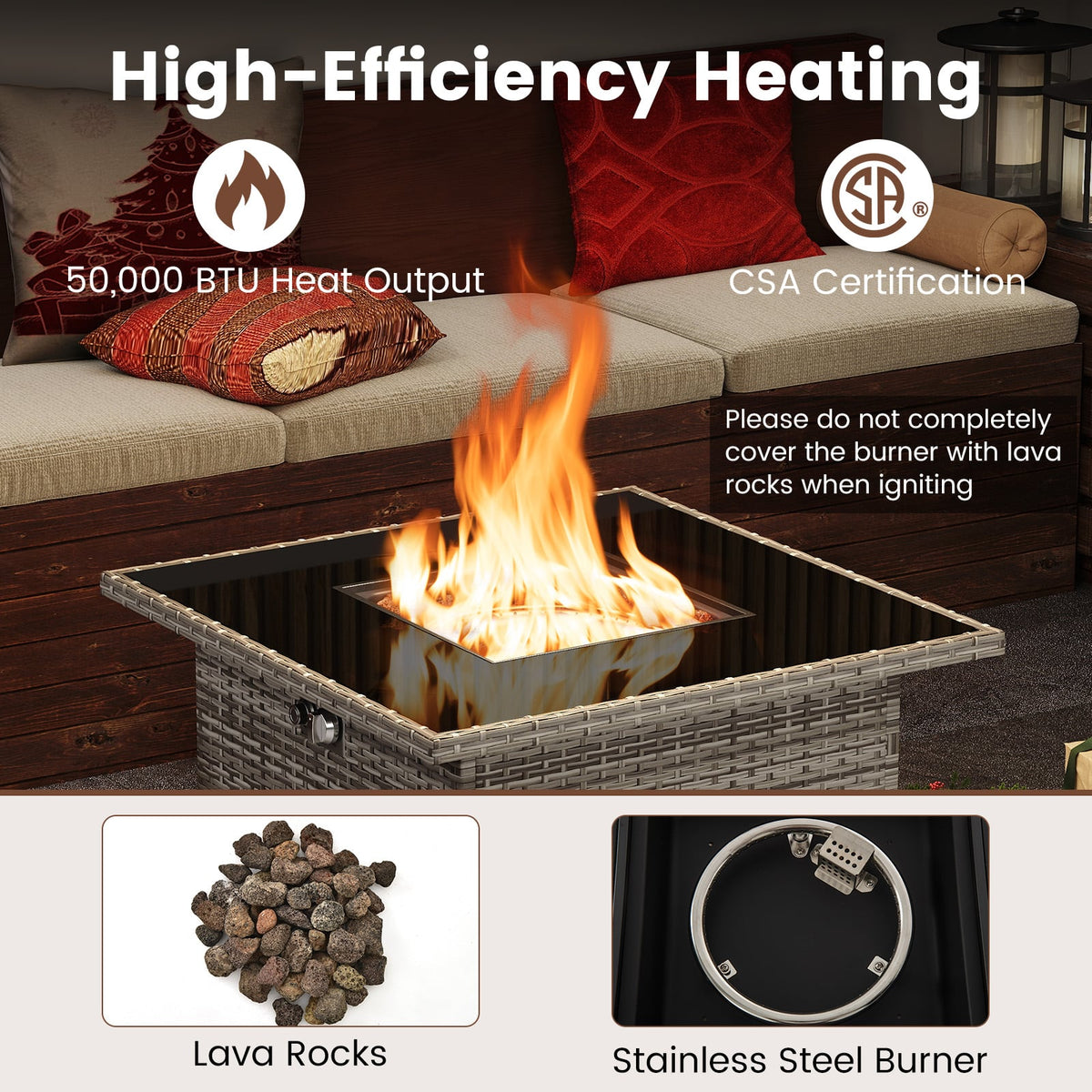 32.5 Inch Propane Fire Pit Table 5000 BTU with Tempered Glass Tabletop-Gray-Fire Pit Tables-DECOROLALA