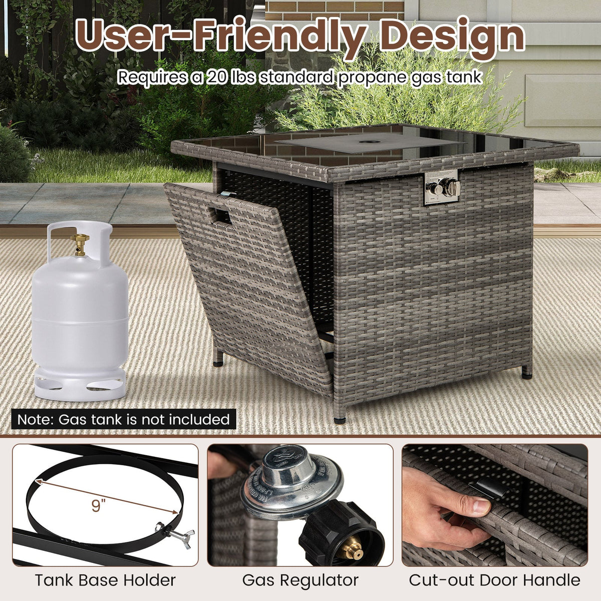 32.5 Inch Propane Fire Pit Table 5000 BTU with Tempered Glass Tabletop-Gray-Fire Pit Tables-DECOROLALA