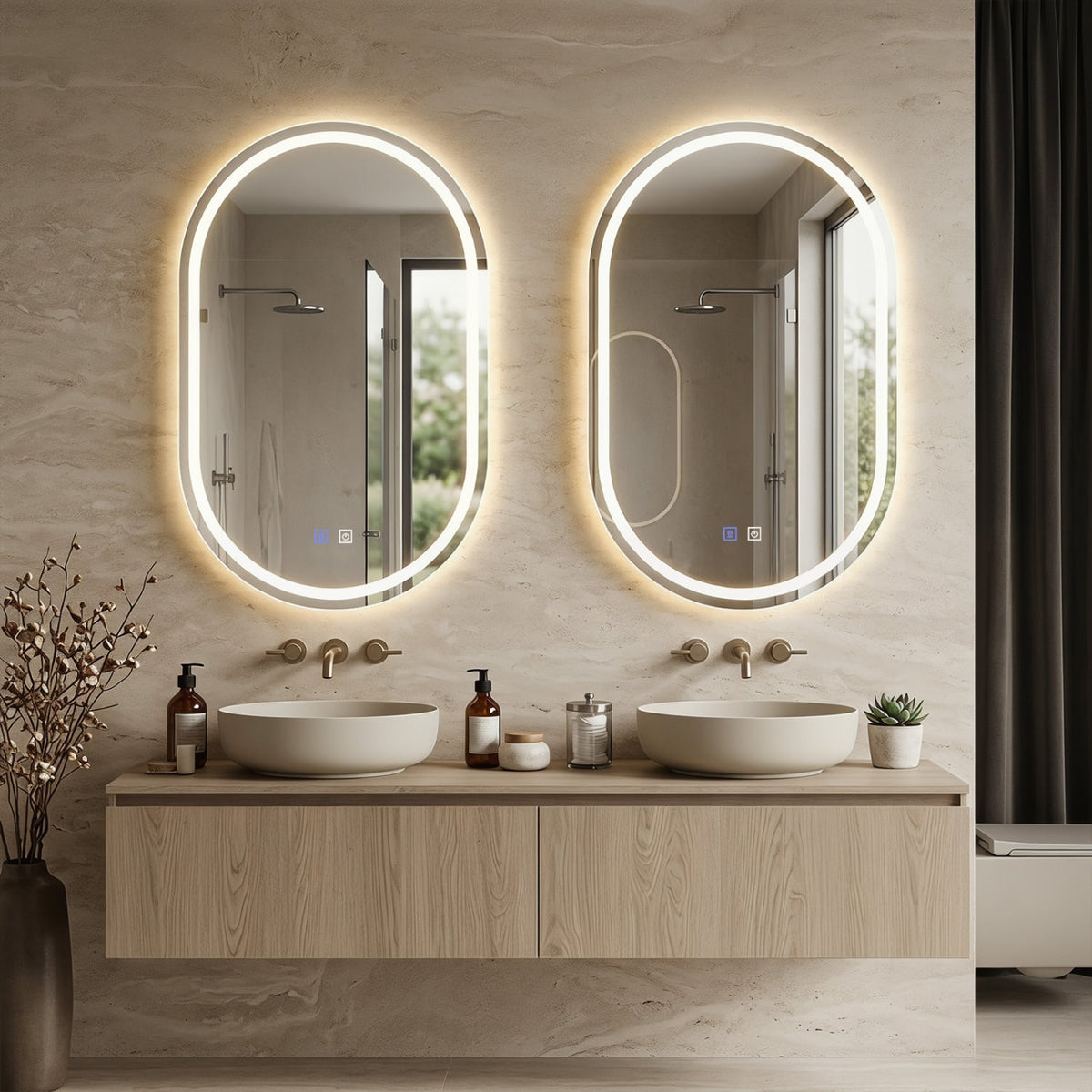 32x20" Oval LED Bathroom Mirror with Front & Backlight 3 Colors Stepless Dimming-Silver-Wall Mirrors-DECOROLALA