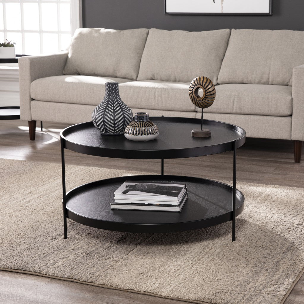 33" Black Manufactured Wood And Metal Round Coffee Table-Coffee Tables-DECOROLALA