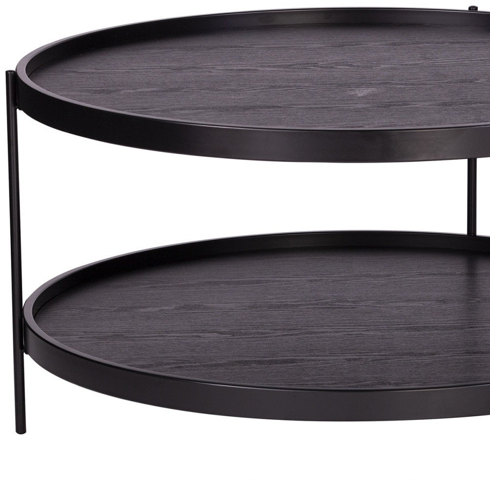 33" Black Manufactured Wood And Metal Round Coffee Table-Coffee Tables-DECOROLALA