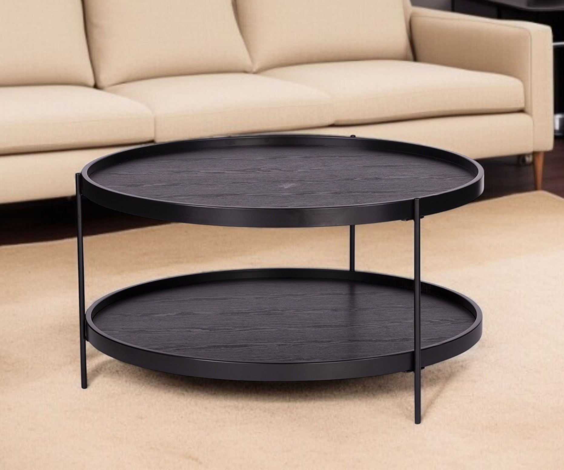 33" Black Manufactured Wood And Metal Round Coffee Table-Coffee Tables-DECOROLALA