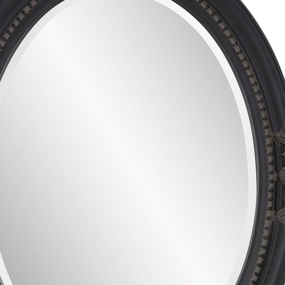 33" Black Ornate Oval Wood Framed Accent Mirror-Mirrors-DECOROLALA