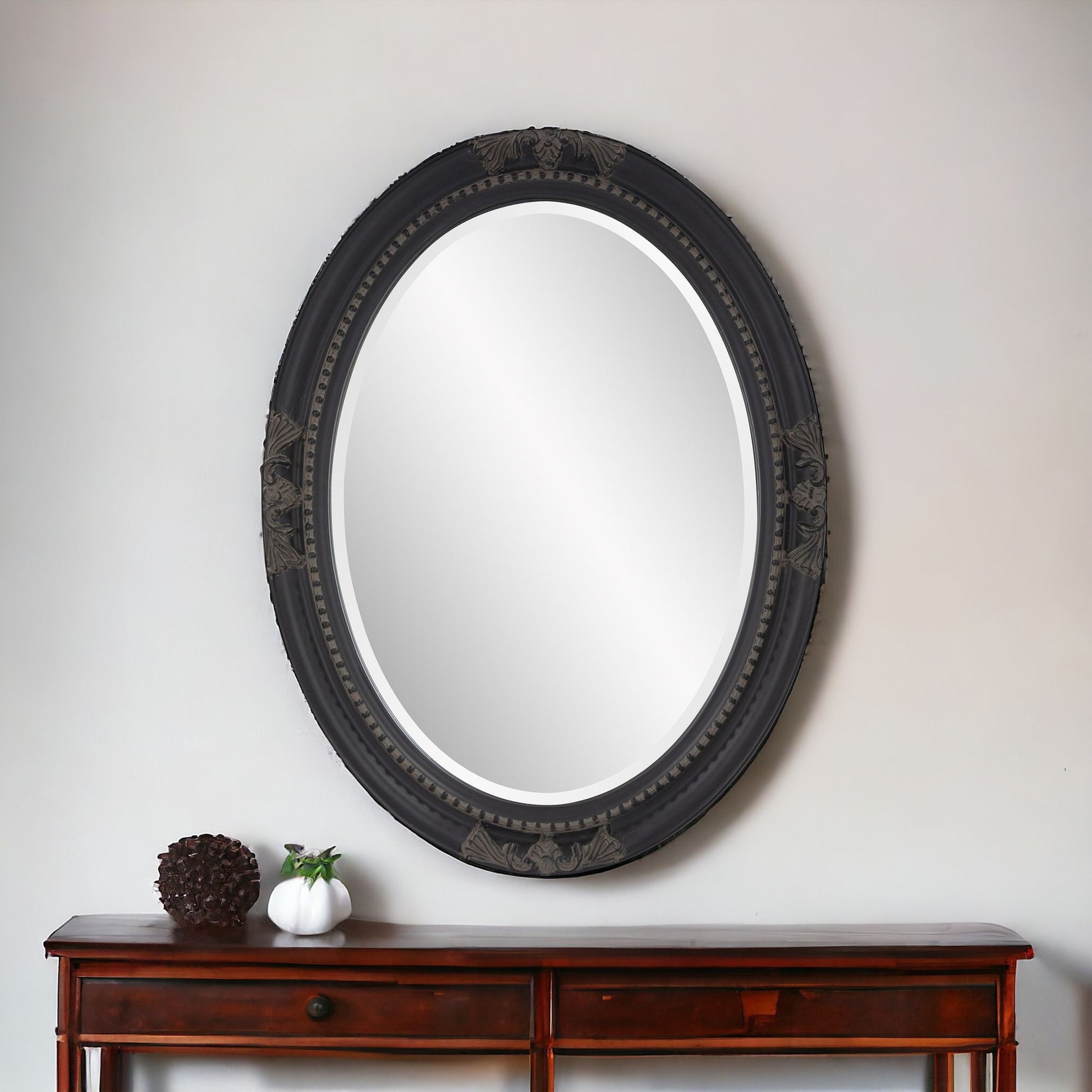 33" Black Ornate Oval Wood Framed Accent Mirror-Mirrors-DECOROLALA