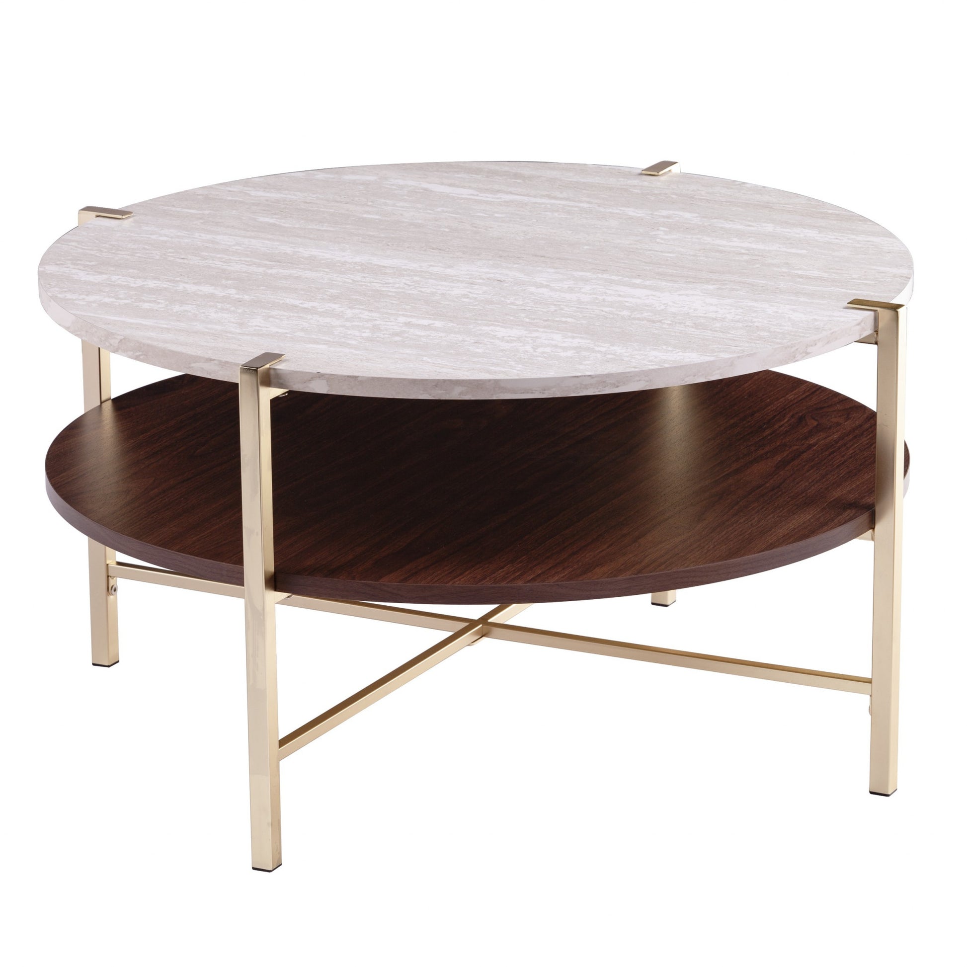 33" Brass Solid Manufactured Wood And Metal Round Coffee Table-Coffee Tables-DECOROLALA