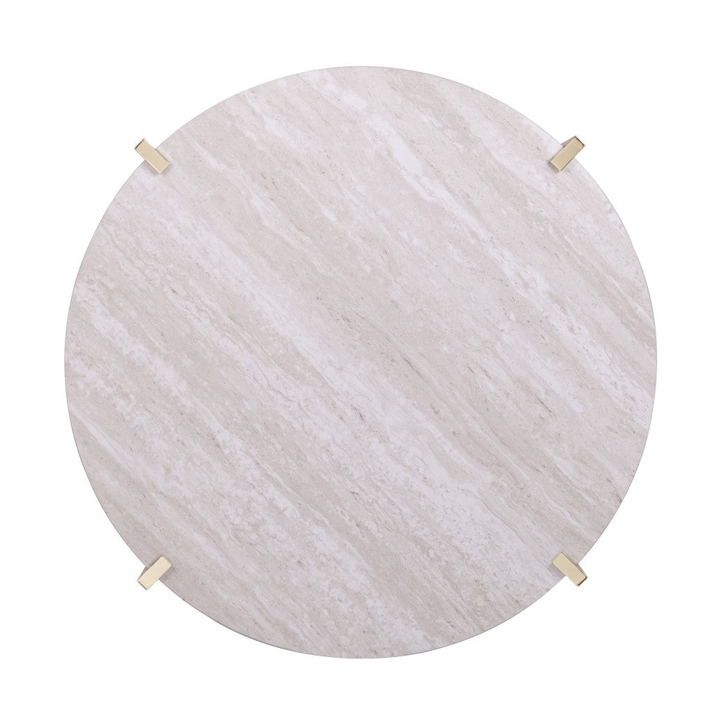 33" Brass Solid Manufactured Wood And Metal Round Coffee Table-Coffee Tables-DECOROLALA